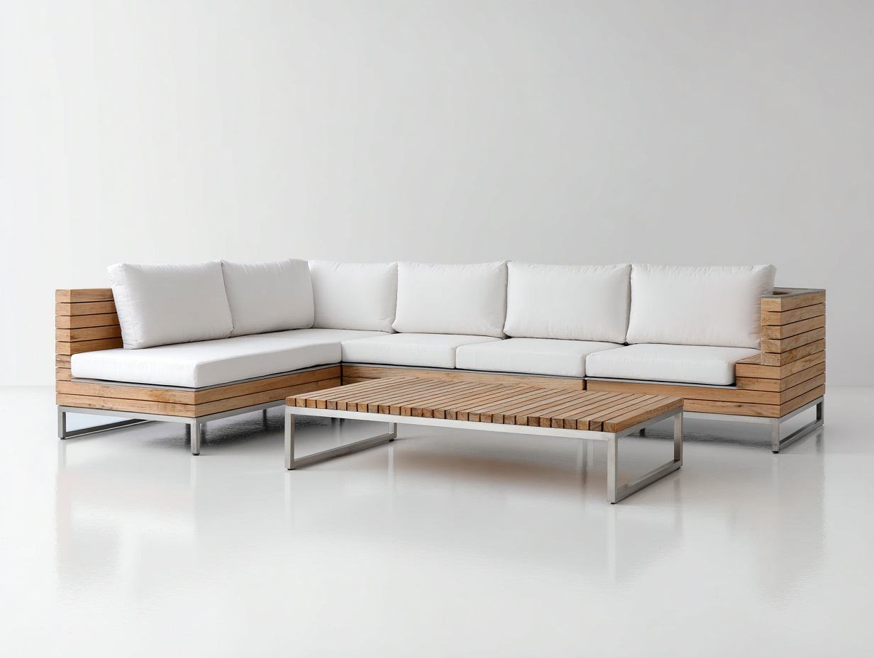 Divani da esterno - Legno-Alluminio-Tessuto - 300x220x78 cm - Marrone chiaro-bianco - Stile moderno