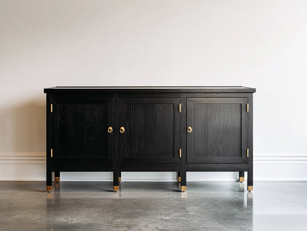 Mobile ingresso - Legno-metallo - 184 x 47 x 86 cm - Nero-Oro - Stile classico moderno con pannelli incorniciati e struttura rialzata