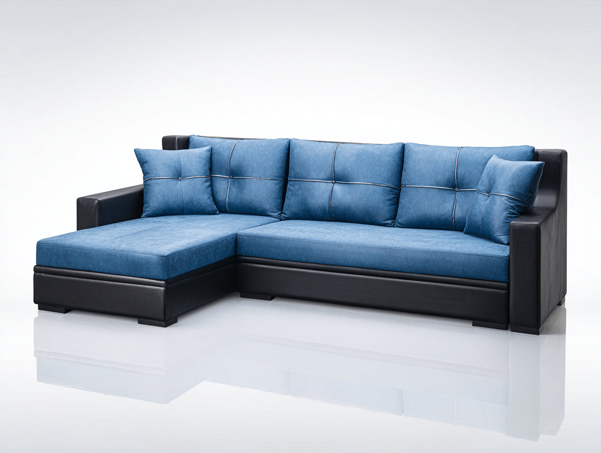Divano angolare - Tessuto - 280 x 175 x 90 cm - Blu-Nero - Stile moderno