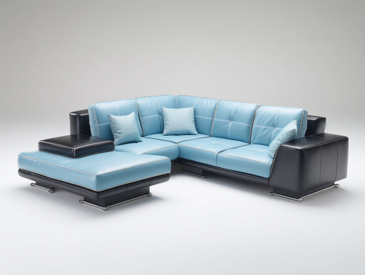 Divano angolare - Pelle sintetica - 320 x 220 x 95 cm - Azzurro-Nero - Stile moderno