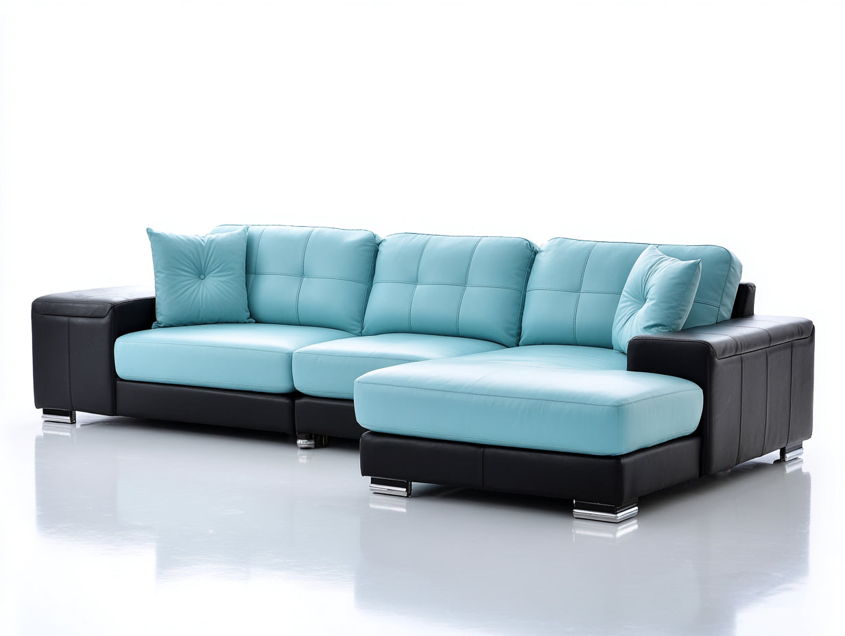 Divano angolare - Pelle sintetica - 330 x 210 x 92 cm - Azzurro-Nero - Stile contemporaneo
